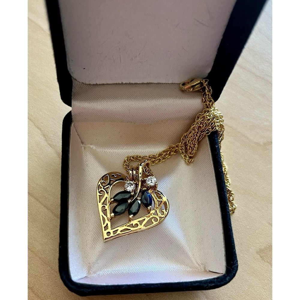 Gold Tone Openwork Heart Pendant Necklace Blue Clear Stones Fashion Jewelry